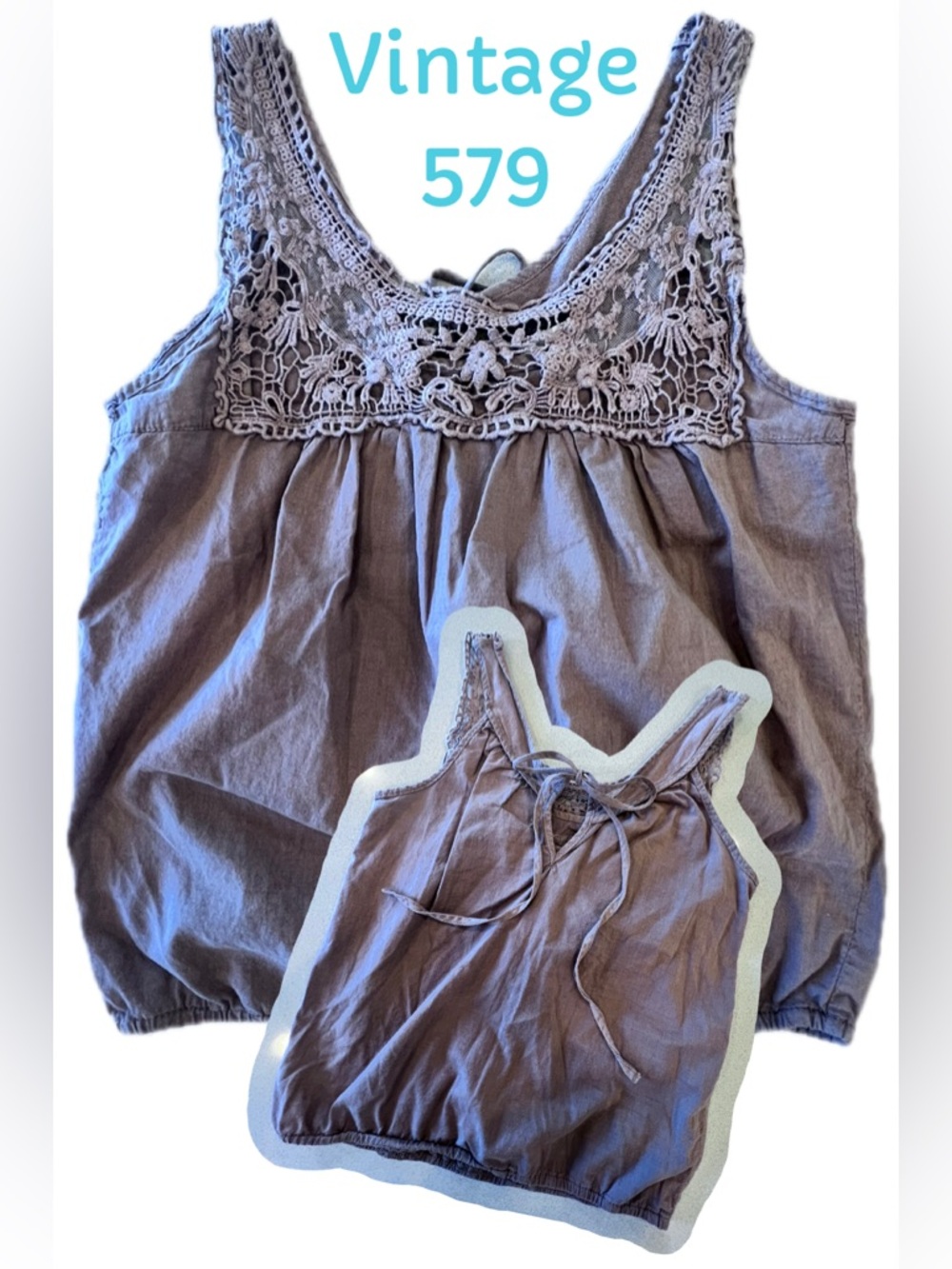 Vintage 579 Brown Crochet Yoke Tank Camisole Tie Back Elastic Waist PTP 15” XS/S - Picture 10 of 10